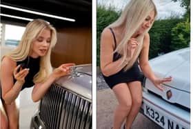 Jon and Amy's video with the Proton car, right, parodies the original video of a model testing a luxury Bentley car, left. Photos by TikTok.