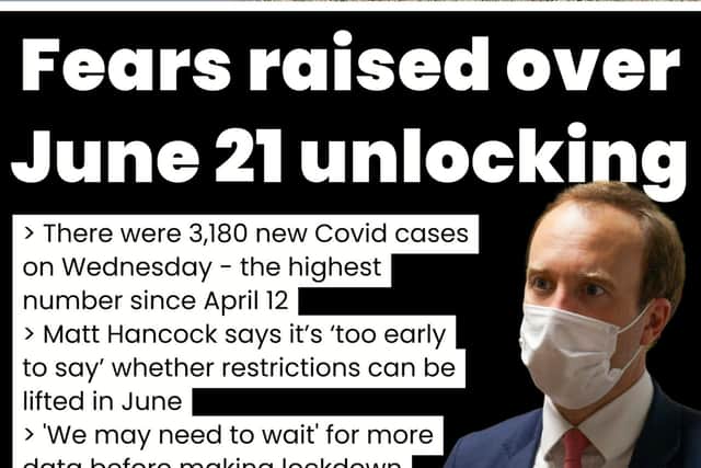 Matt Hancock's suggestion that it's too early to say whether the removal of lockdown measures will go ahead on June 21 leads tomorrow’s digital front page