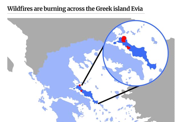 Wildfires burning across the Greek island Evia (Graphic: Kim Mogg/JPIMedia)