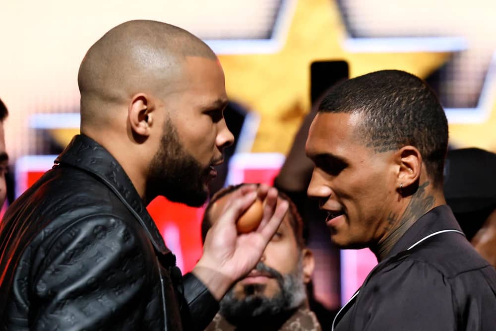 Chris Eubank Jr strikes Conor Benn with an egg during a press conference at Manchester Central. Picture date: Tuesday February 25, 2025. PA Photo. See PA story BOXING Manchester. Photo credit should read: Richard Sellers/PA Wire.RESTRICTIONS: Use subject to restrictions. Editorial use only, no commercial use without prior consent from rights holder.