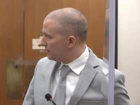 In this image taken from video, former Minneapolis police Officer Derek Chauvin addresses the Floyd family at the Hennepin County Courthouse in Minneapolis (Court TV via AP, Pool)