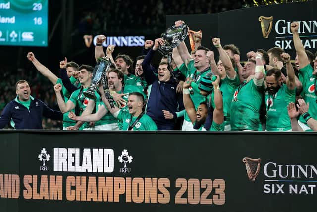 Johnny Sexton, the Ireland captain, holds the Six Nations trophy as Ireland celebrate their Grand Slam victory at the Aviva Stadium in Dublin last year