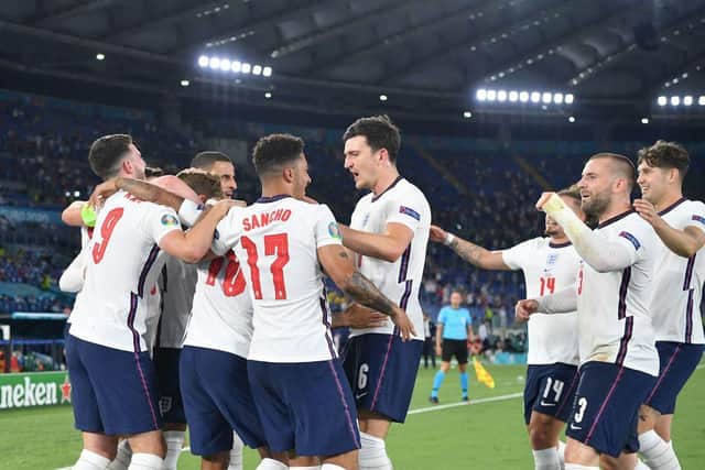 England celebrate Harry Kane's second goal and England's third in the 4-0 win over Ukraine.