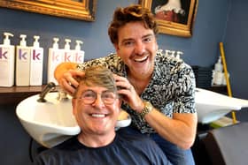 Gogglebox couple Stephen and Daniel Lustig-Webb at the opening of their new hair salon in Mill Lane, Storrington. Pic S Robards SR2306202