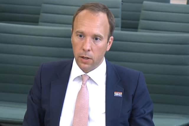 Screen grab of Health Secretary Matt Hancock giving evidence to the Science and Technology Committee and Health and Social Care Committee