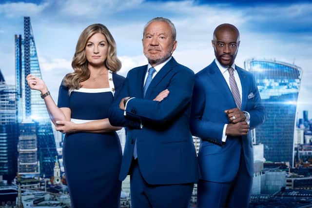 <p>Sir Alan Sugar flanked by fellow Apprentice judges Baroness Brady and Tim Campbell</p>
