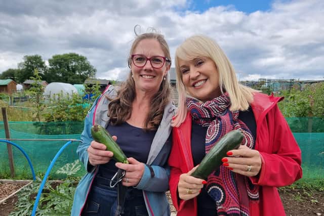 Darcie Cousins on her allotment in Hognaston with I Escaped to the Country television presenter NIcki Chapman.