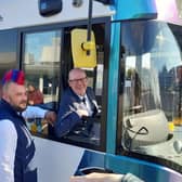 Stagecoach autonomous bus safety driver Stuart Doidge, left, with transport minister Kevin Stewart at the wheel. Picture: The Scotsman
