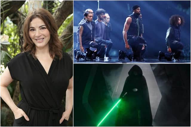 Diversity's powerful BLM-inspired performance, Nigella Lawson's bizarre mispronouncing of 'microwave' and Luke Skywalker's Mandalorian reveal are up for the Must-See Moment award (Photos: Getty Images/ITV/Disney)