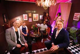 Jason Bradbury, Jon Watts, Stuart Douglas, Laurence Llewelyn-Bowen, Scarlette Douglas, and David Domoney in the Speakeasy Room at the Ideal Home designed By The Experts.  Visit idealhomeshow.co.uk for more information and to purchase tickets.
