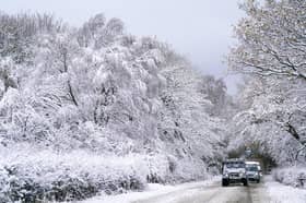 Motorists make their way through a snow covered landscape in the area around Liverton in Redcar and Cleveland on November 20, 2025 in Liverton. (Photo by Ian Forsyth/Getty Images)