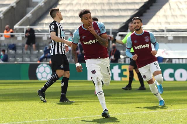 Jesse Lingard of West Ham United celebrates after scoring a penalty for his team's second goal during the Premier League match between Newcastle United and West Ham United at St. James Park on April 17, 2021 in Newcastle upon Tyne, England. (Photo by David Rogers/Getty Images)