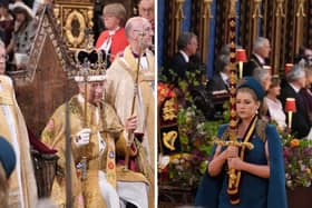 L: King Charles III is crowned with St Edward's Crown by The Archbishop of Canterbury the Most Reverend Justin Welby during his coronation ceremony. R: Lord President of the Council, Penny Mordaunt, carrying the Sword of State, in the procession through Westminster Abbey. Picture: Victoria Jones/Jonathan Brady/PA Wire