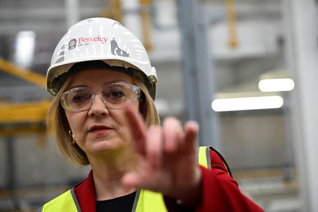 Prime Minister Liz Truss visits Berkeley Modular, in Northfleet, in south-east England. Picture: Dylan Martinez/AFP via Getty Images