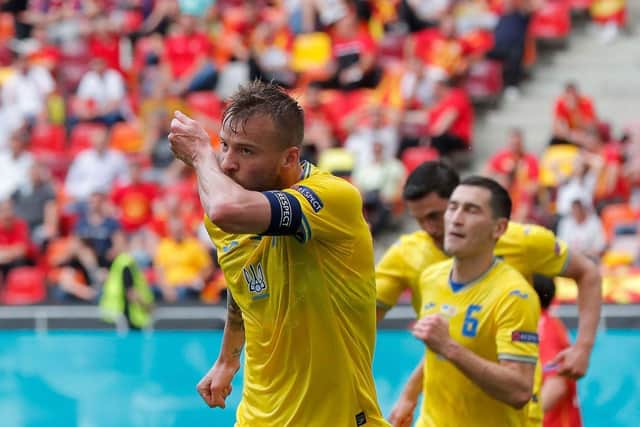 Ukraine's forward Andriy Yarmolenko celebrates scoring the opening goal during the UEFA EURO 2020 Group C football match between Ukraine and North Macedonia.