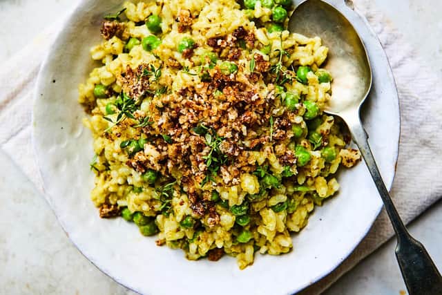Creamy Carnaroli pesto risotto with peas & crispy cheddar crumb - inspirational dish