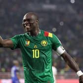 Cameroon's forward Vincent Aboubakar celebrates scoring his team's second goal during the Africa Cup of Nations round of 16 football match between Cameroon and Comoros