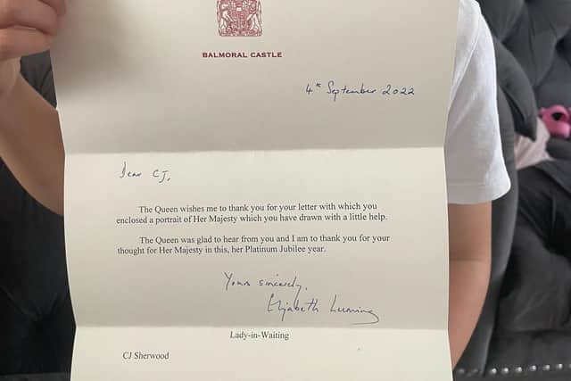 The letter said: "The Queen wishes me to thank you for her letter with which you enclosed a portrait of Her Majesty which you have drawn with a little help. The was glad to hear from you Queen and I am to thank you for thought for Her Majesty in this, her Platinum Jubilee year."