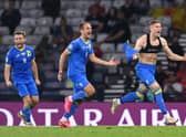 GLASGOW, SCOTLAND - JUNE 29: Ukraine player Artem Dovbyk (r) celebrates after scoring the winning goal during the UEFA Euro 2020 Championship Round of 16 match between Sweden and Ukraine at Hampden Park on June 29, 2021 in Glasgow, Scotland. (Photo by Stu Forster/Getty Images)