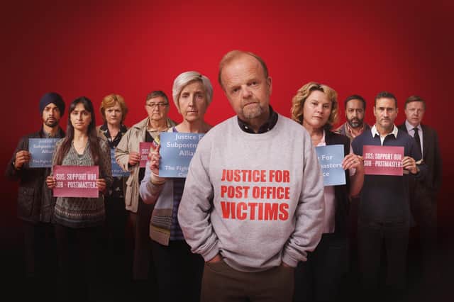 Amit Shah as Jas, Rupa Pattani as Sam,  Ifan Huw Dafydd as Noel, Julie Hesmondhalgh as Suzanne, Toby Jones as Alan Bates, Monica Dolan as Jo, Will Mellor as Lee and Shaud Dooley as Rudkin in Mr Bates vs The Post Office. Picture: ITV