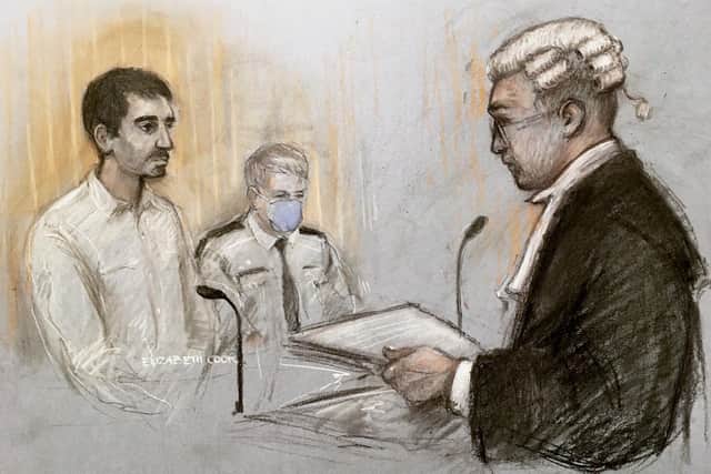 Court artist sketch  of Azam Mangori in the witness box at Exeter Crown Court during his trial for the murder of Lorraine Cox (Image: Elizabeth Cook/PA Wire/PA Images)