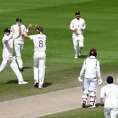 Stuart Broad celebrates taking the wicket of West Indies' Kraigg Brathwaiteon the final day of the third Test match between England and the West Indies at Old Trafford in Manchester in 2020.