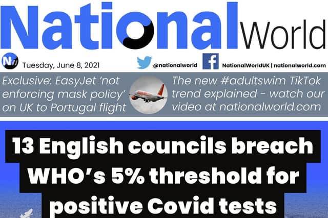 More than a dozen council areas in England surpassing a Covid test positivity safe limit leads tomorrow’s digital front page