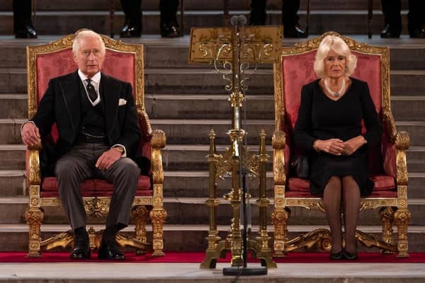 King Charles III and Camilla, Queen Consort take part in an address in Westminster Hall. (Photo by Dan Kitwood/Getty Images)
