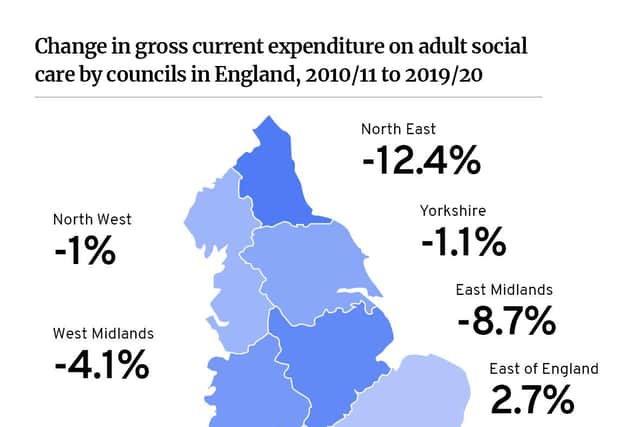 Outside of London, there is a clear north-south divide in cuts to adult social care spending