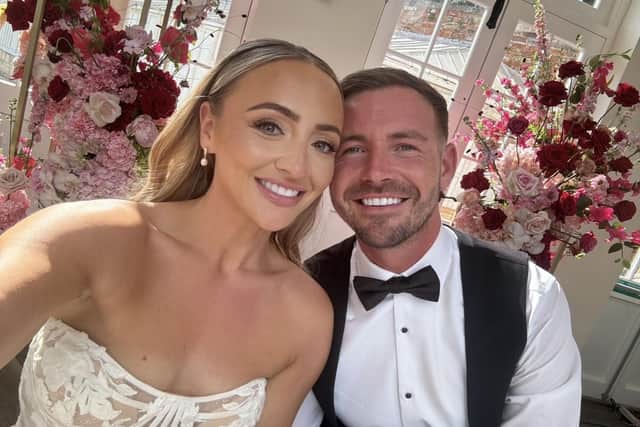 Kelsey Willmott, 30 and her husband Arron Willmott, 31, on their wedding day in may