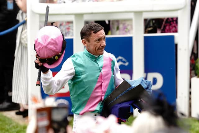Frankie Dettori reacts after placing tenth in the Betfred Derby with Arrest during Derby Day of the 2023 Derby Festival at Epsom Downs Racecourse, Epsom. Picture date: Saturday June 3, 2023. PA Photo. See PA Story RACING Epsom. Photo credit should read: Victoria Jones/PA Wire.

RESTRICTIONS: Editorial Use only, commercial use is subject to prior permission from The Jockey Club/Epsom Downs Racecourse.