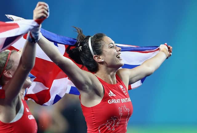 Sam Quek celebrates after winning the Women's Gold Medal Match against Netherlands on Day 14 of the Rio 2016 Olympic Games (Photo: Mark Kolbe/Getty Images)