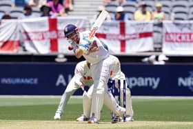 Harry Brook, England's top-scorer with 52, hits out at the Optus Stadium. Photo: Robbie Stephenson/PA Wire.